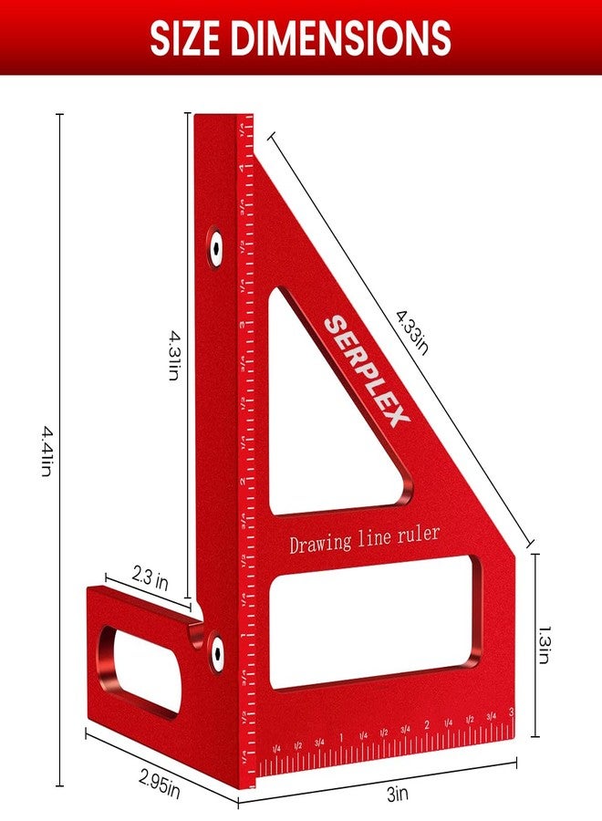 Serplex مسطرة رسم الخطوط من سيربلكس®، مسطرة نجارة على شكل حرف L، مسطرة رسم خطوط بزاوية 45° / 90°، علامات محفورة بالليزر، أداة قياس دقيقة من سبائك الألومنيوم، مسطرة نجارة بزاوية - Image 2